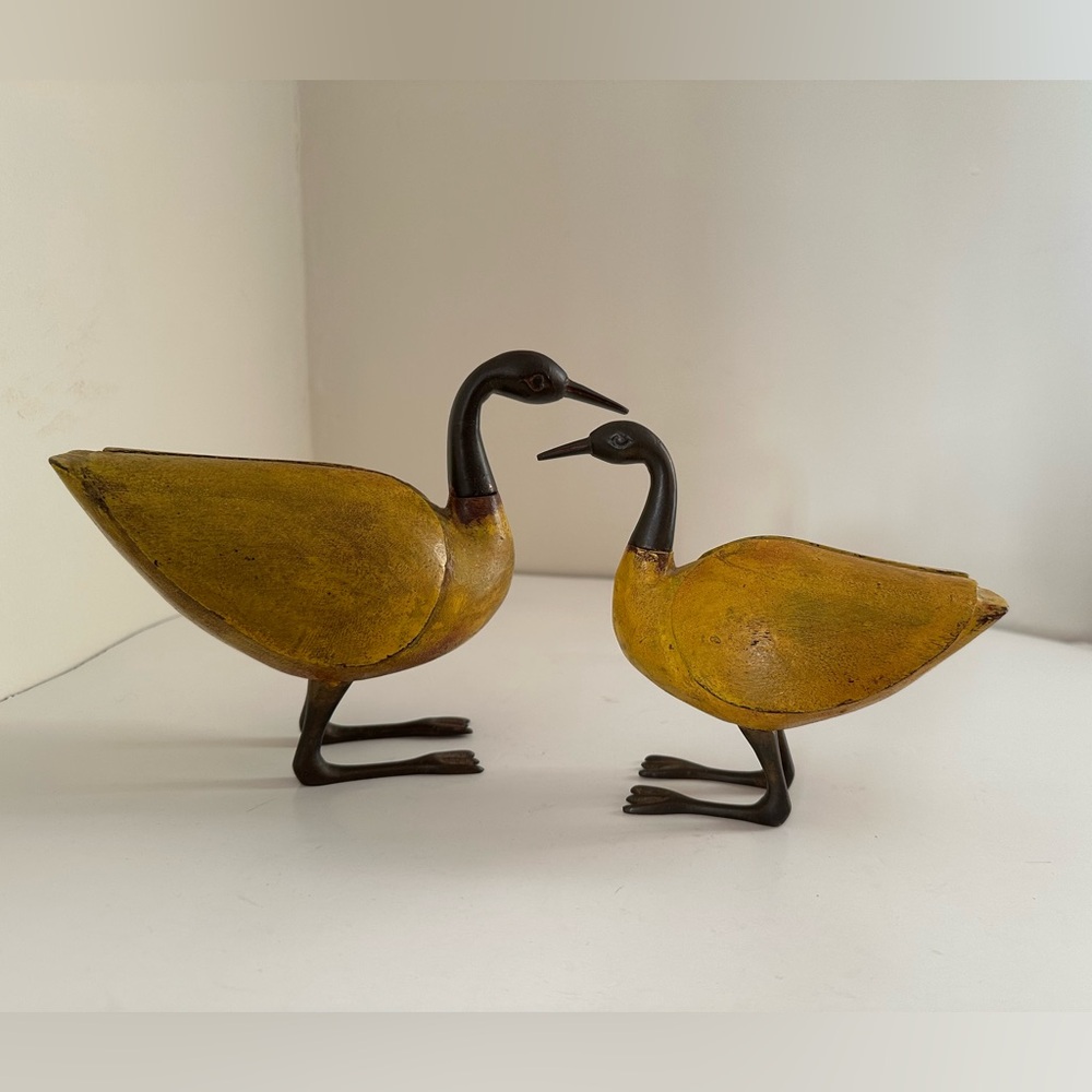 Pair of MCM Wood and Metal Hand-carved Birds Geese